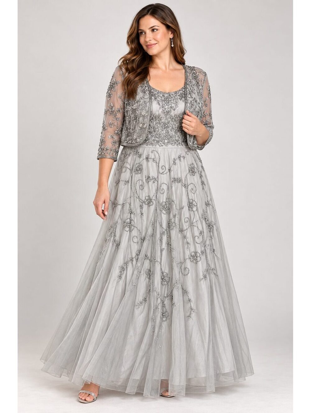 Pisarro Nights Size 14 Silver Beaded Embroidered Maxi Dress & Bolero NWT